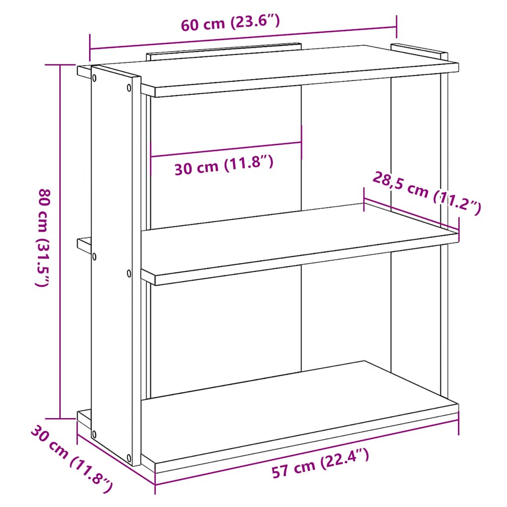 Bookcase 3-Tier Artisan Oak 60x30x80 cm Engineered Wood