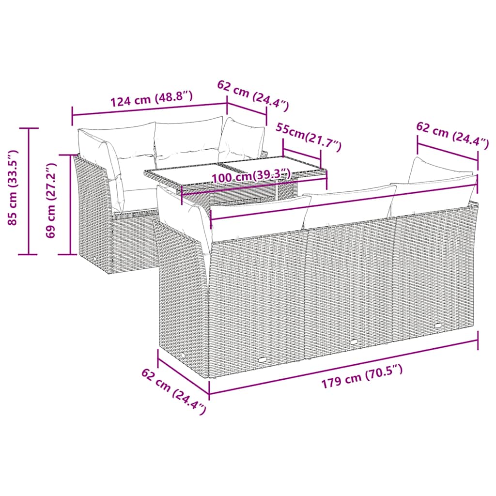 6 Piece Garden Sofa Set with Cushions Grey Poly Rattan Acacia