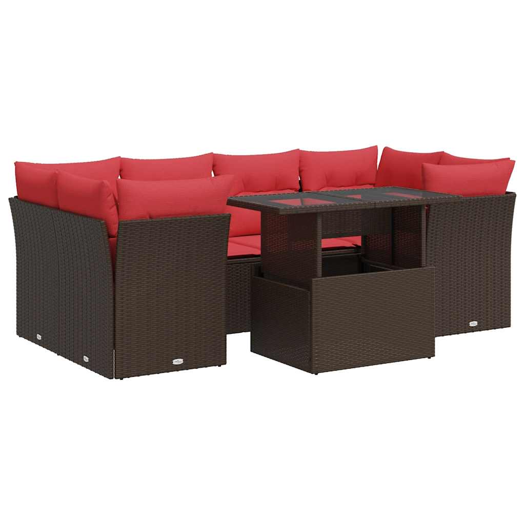 7 Piece Garden Sofa Set with Cushions Brown Poly Rattan Acacia