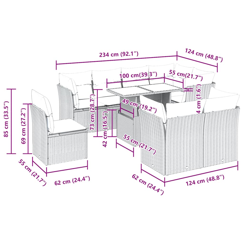 9 Piece Garden Sofa Set with Cushions Brown Poly Rattan Acacia