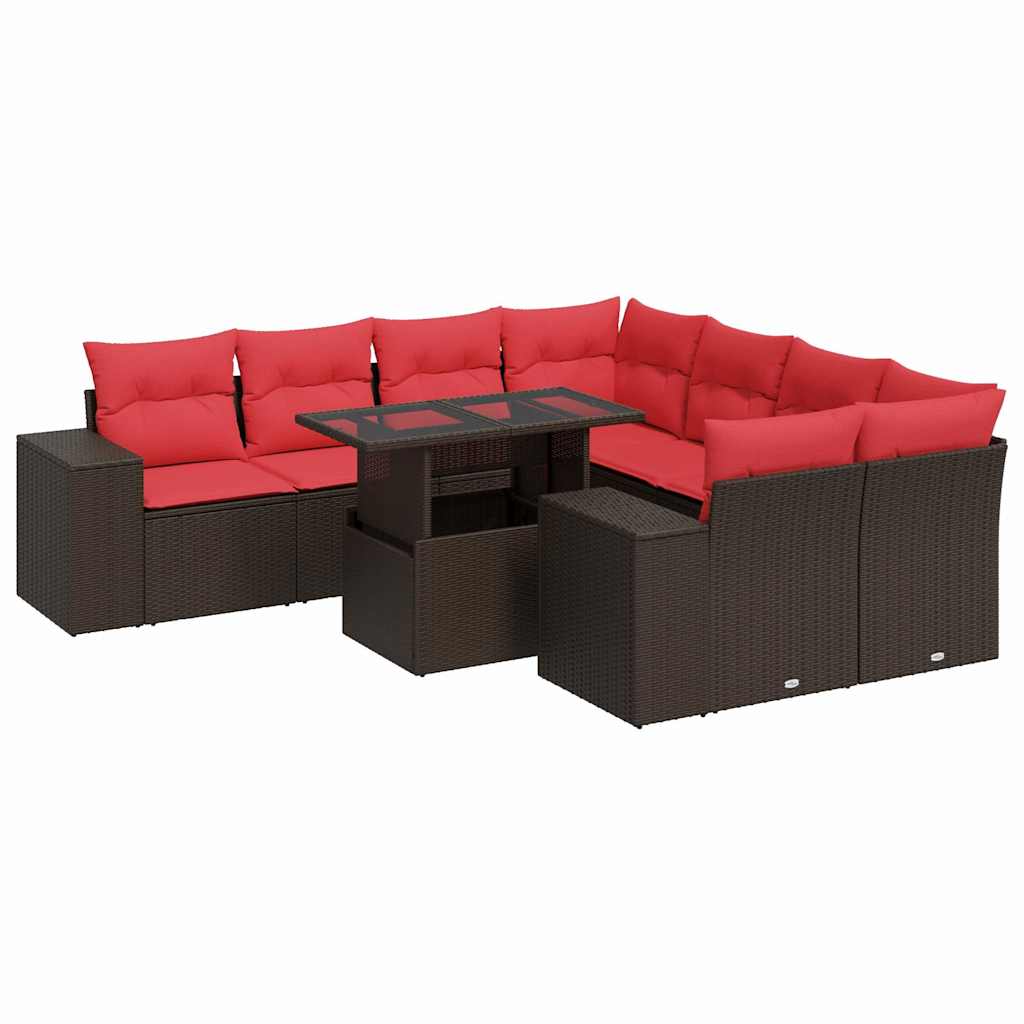 9 Piece Garden Sofa Set with Cushions Brown Poly Rattan Acacia