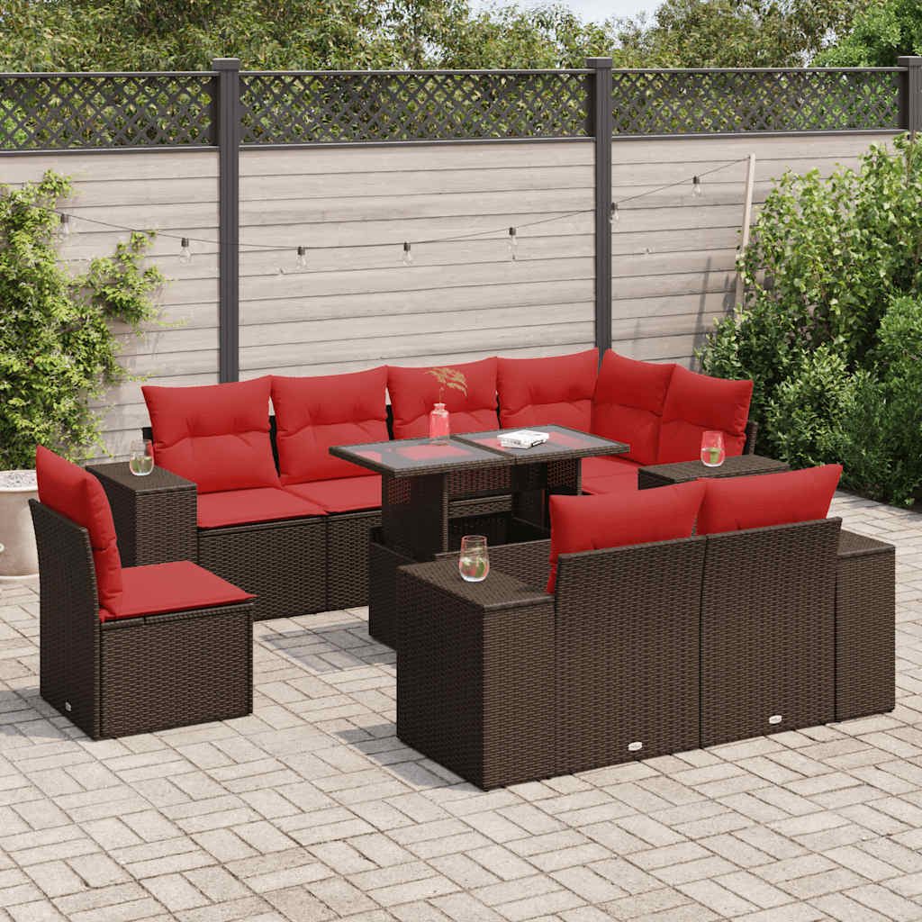 9 Piece Garden Sofa Set with Cushions Brown Poly Rattan Acacia