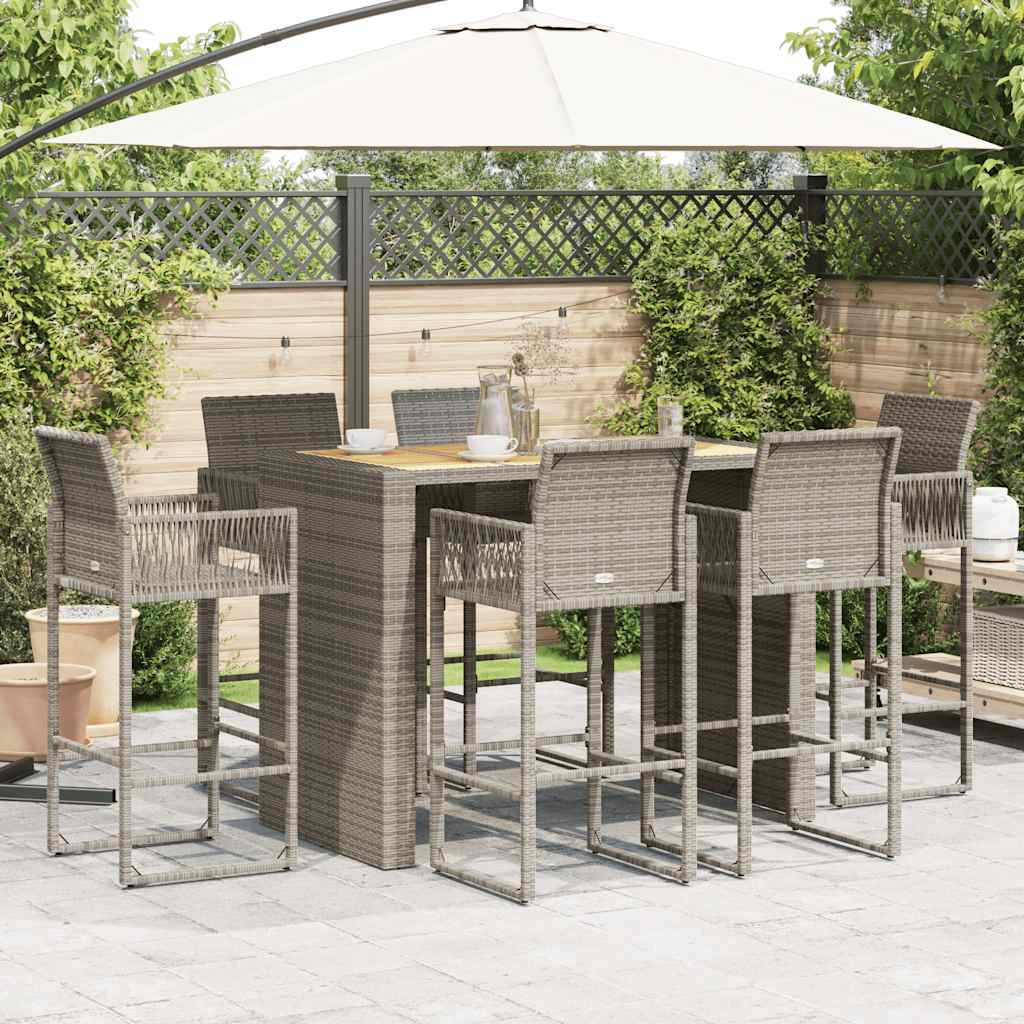 7 Piece Garden Bar Set without Cushions Grey Poly Rattan Acacia