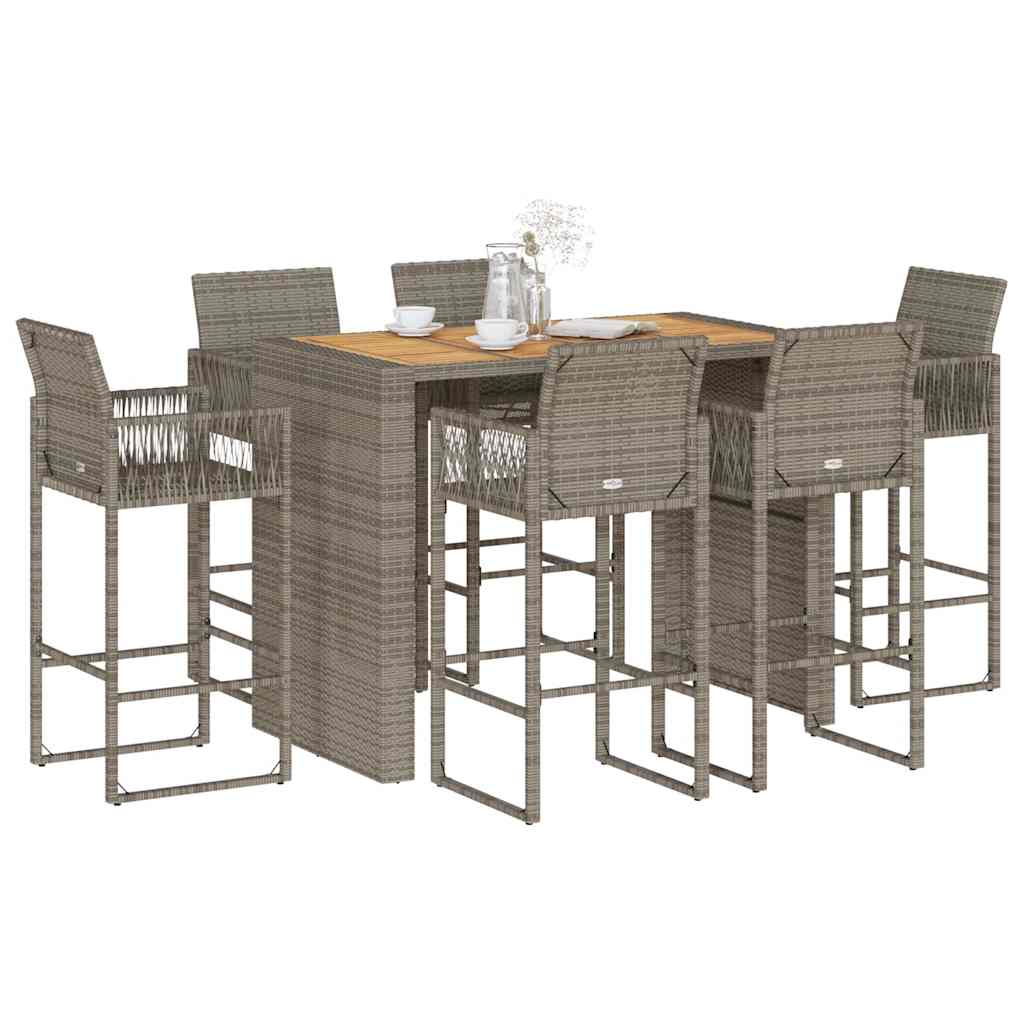 7 Piece Garden Bar Set without Cushions Grey Poly Rattan Acacia