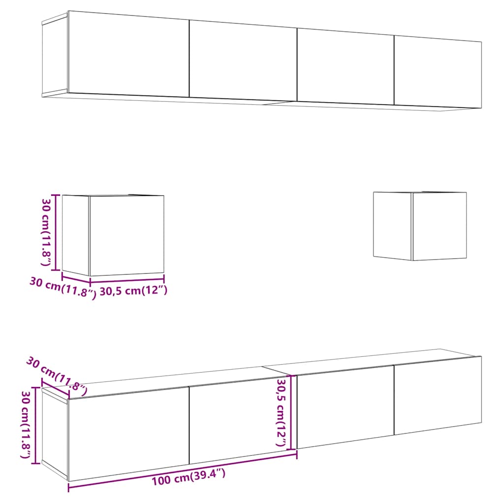 6 Piece TV Cabinet Set Wall-mounted Old Wood Engineered Wood