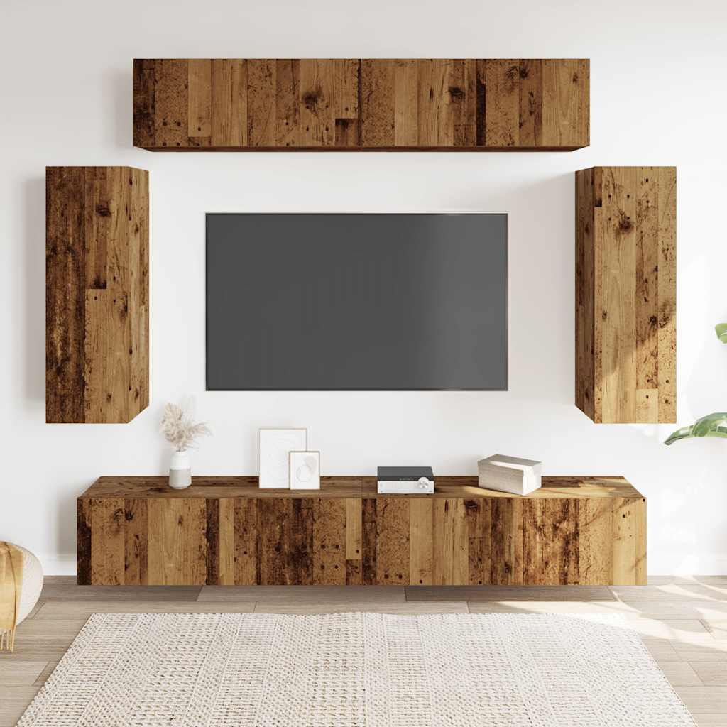 6 Piece TV Cabinet Set Wall-mounted Old Wood Engineered Wood