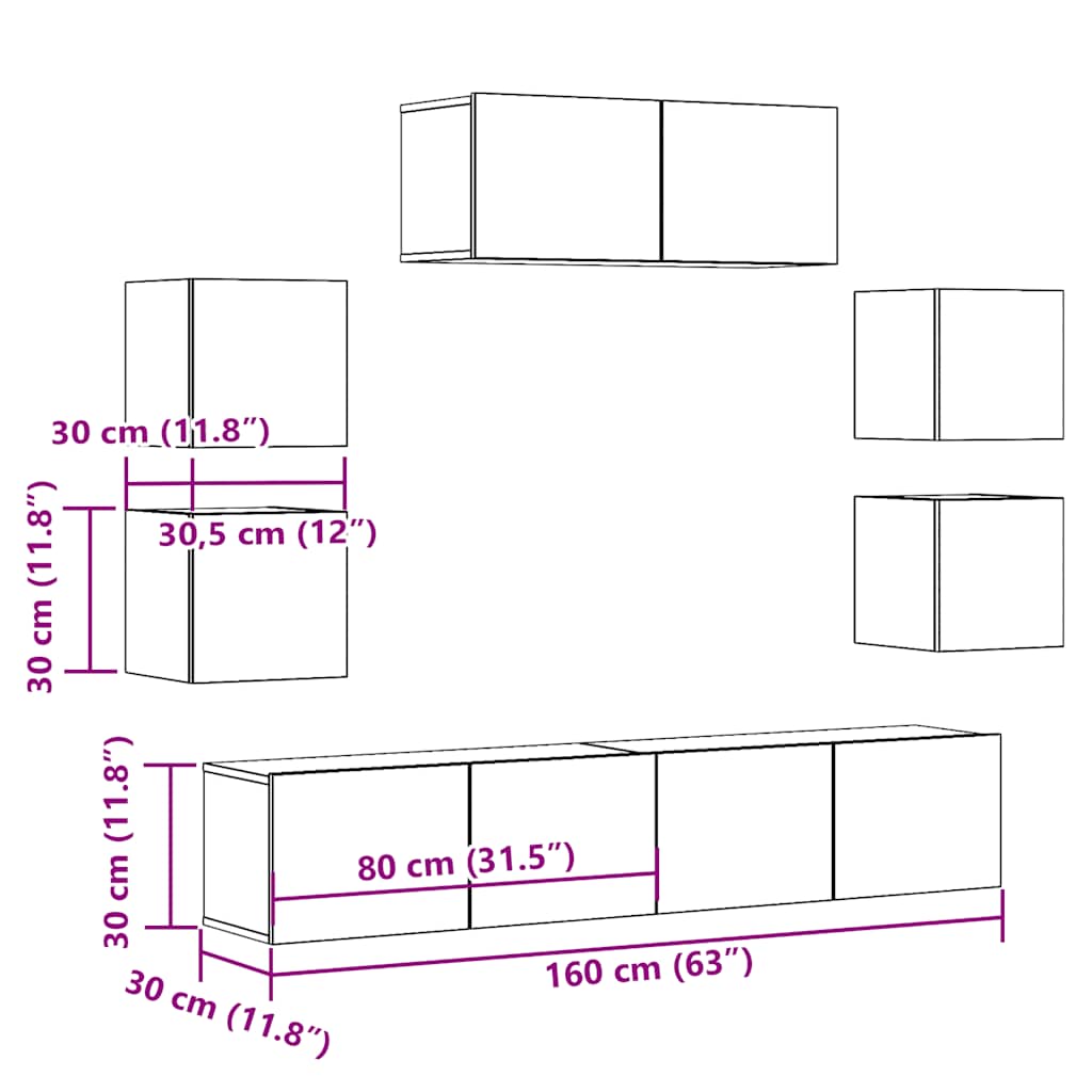 7 Piece TV Cabinet Set Wall-mounted Old Wood Engineered Wood