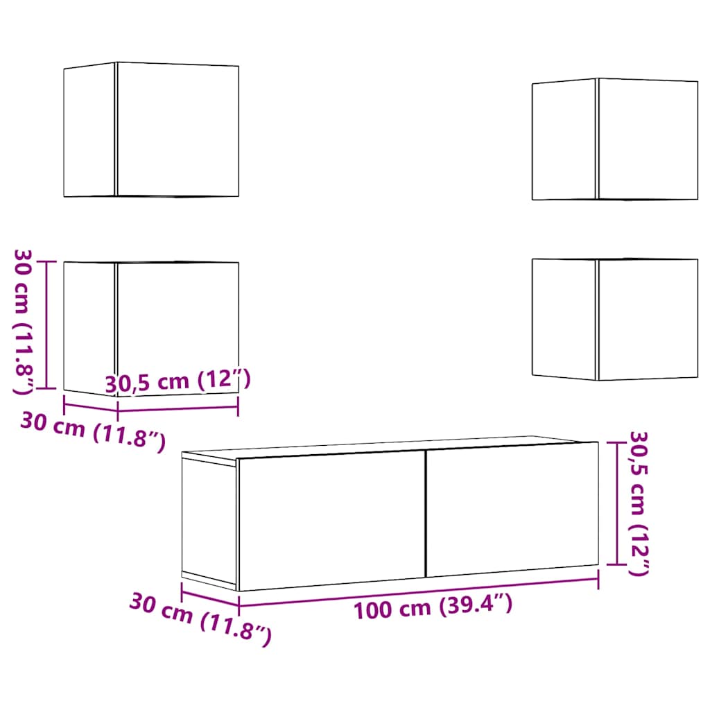 5 Piece TV Cabinet Set Wall-mounted Artisan Oak Engineered Wood