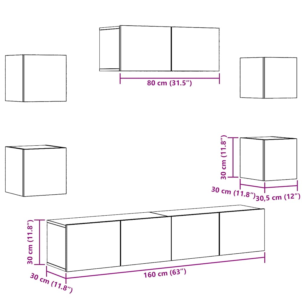 5 Piece TV Cabinet Set Wall-mounted Old Wood