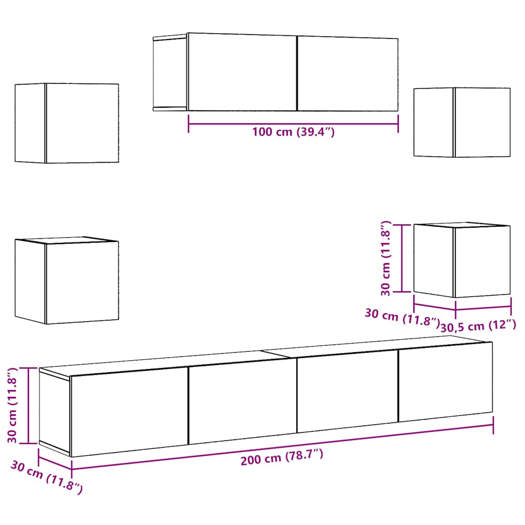 7 Piece TV Cabinet Set Wall-mounted Old Wood Engineered Wood