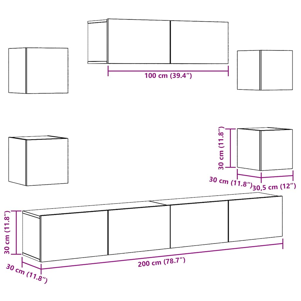 7 Piece TV Cabinet Set Wall-mounted Artisan Oak Engineered Wood