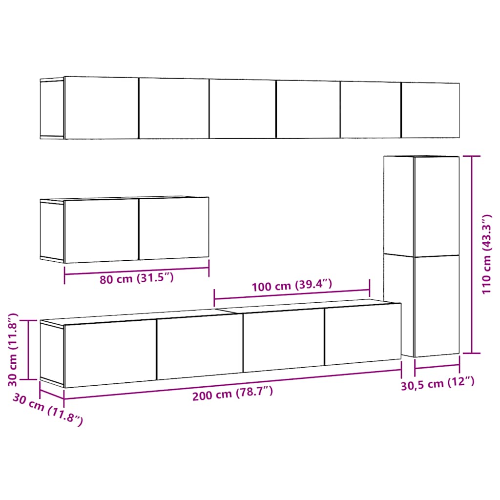 7 Piece TV Cabinet Set Wall-mounted Old Wood Engineered Wood