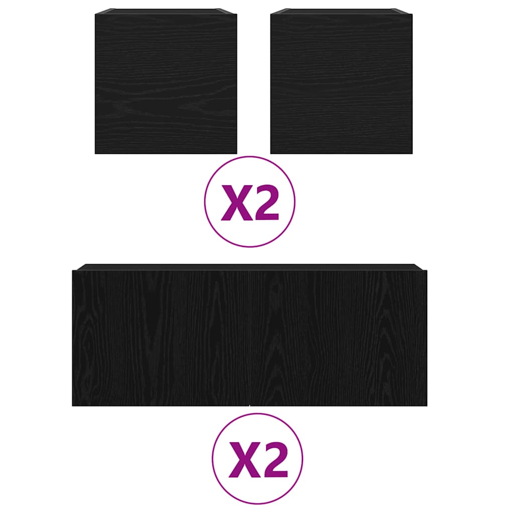 6 Piece TV Cabinet Set - Wall-mounted, Black Oak, Engineered Wood