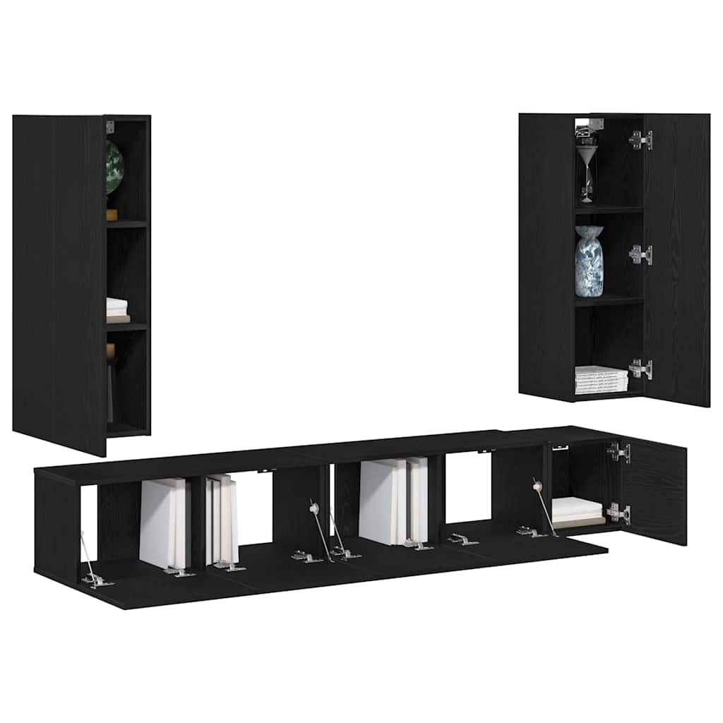 5-Piece Wall-Mounted TV Cabinet Set in Black Oak