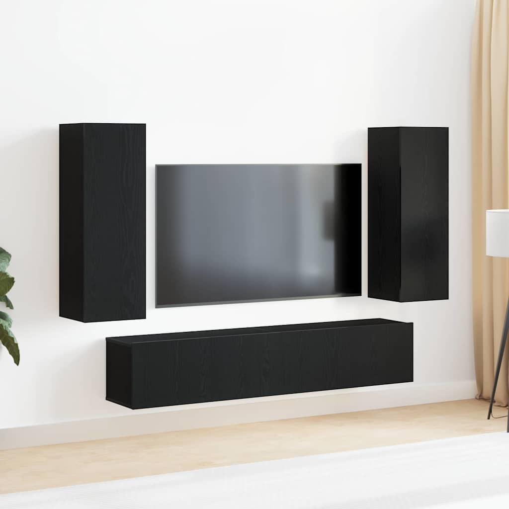 4 Piece TV Cabinet Set - Wall-mounted Black Oak Engineered Wood