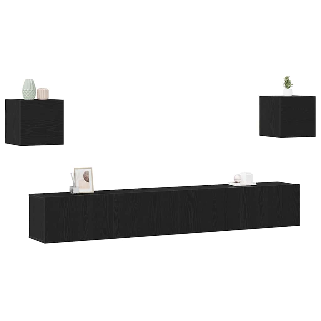 6 Piece TV Cabinet Set - Wall-mounted, Black Oak, Engineered Wood