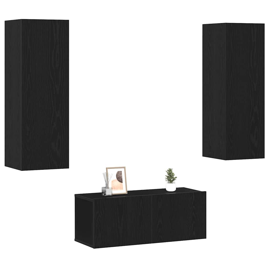 3 Piece TV Cabinet Set Wall-mounted Black Oak Engineered Wood