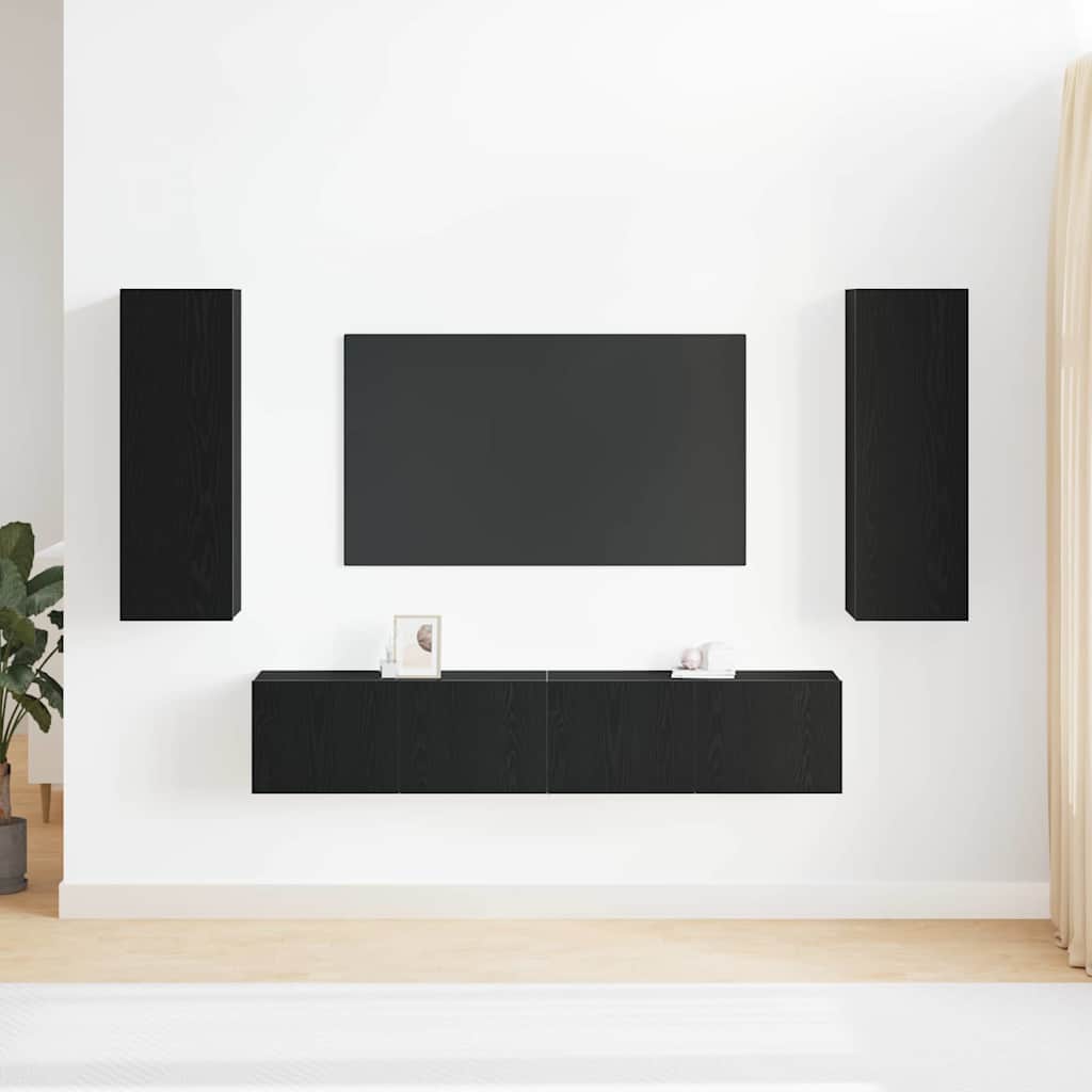 4 Piece TV Cabinet Set Wall-mounted Black Oak Engineered Wood