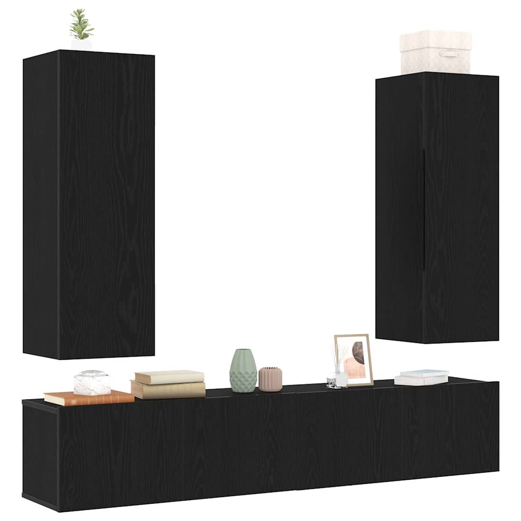 4 Piece TV Cabinet Set Wall-mounted Black Oak Engineered Wood
