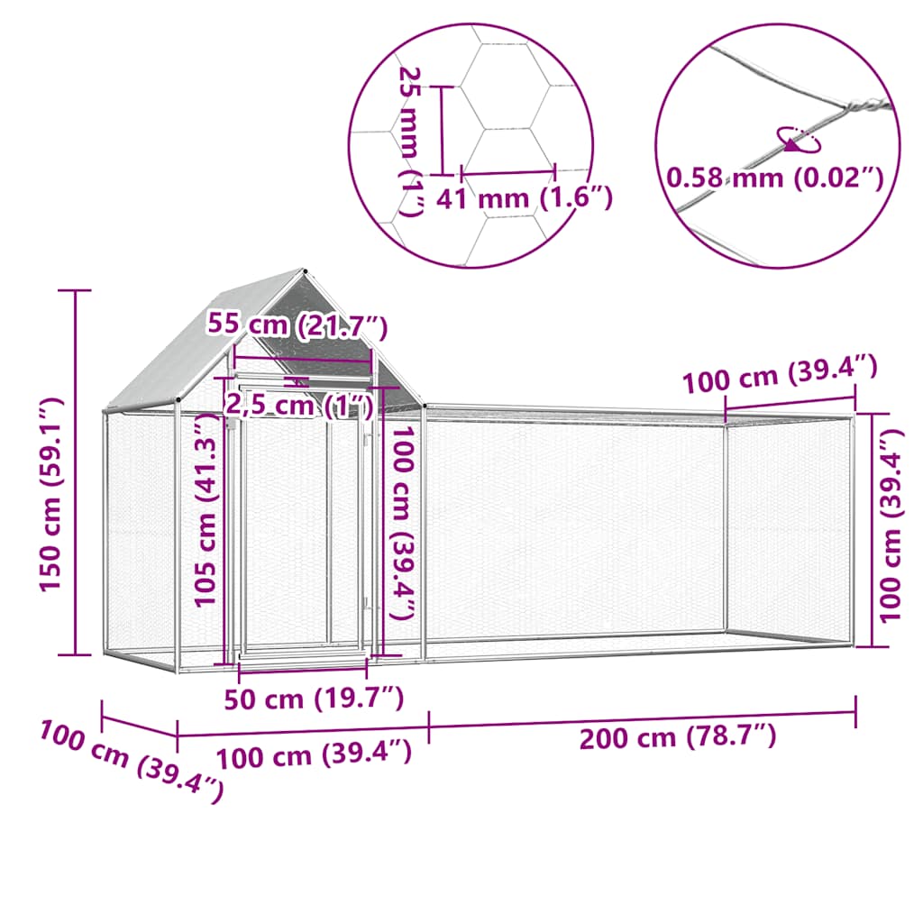Chicken Coop 3x1x1.5 m Galvanised Steel