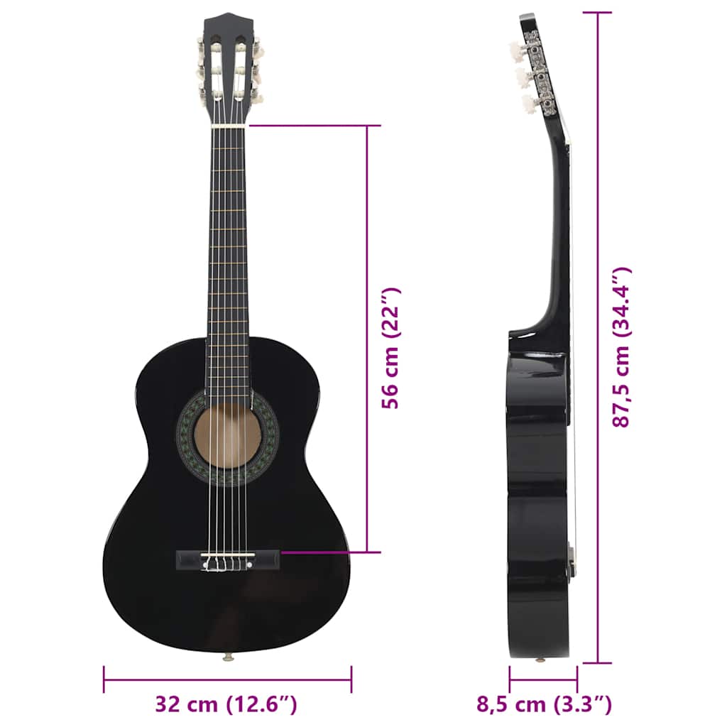 8 Piece Classical Guitar Beginner Set Black 1/2 34"