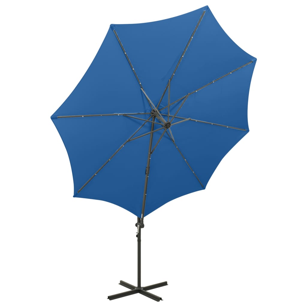 Cantilever Garden Parasol with Pole and LED Lights Azure Blue 300 cm