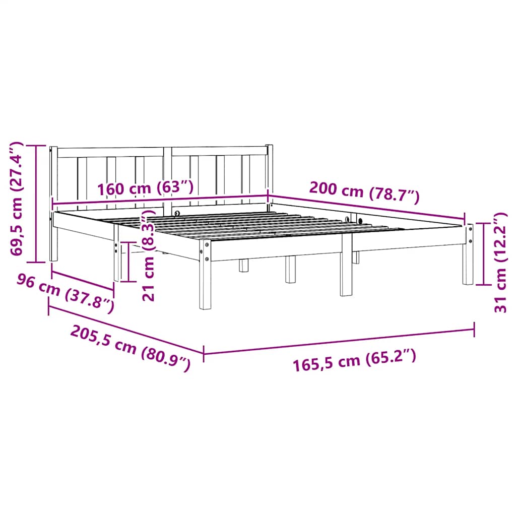 810093 vidaXL Bed Frame without Mattress White Solid Wood 160x200 cm