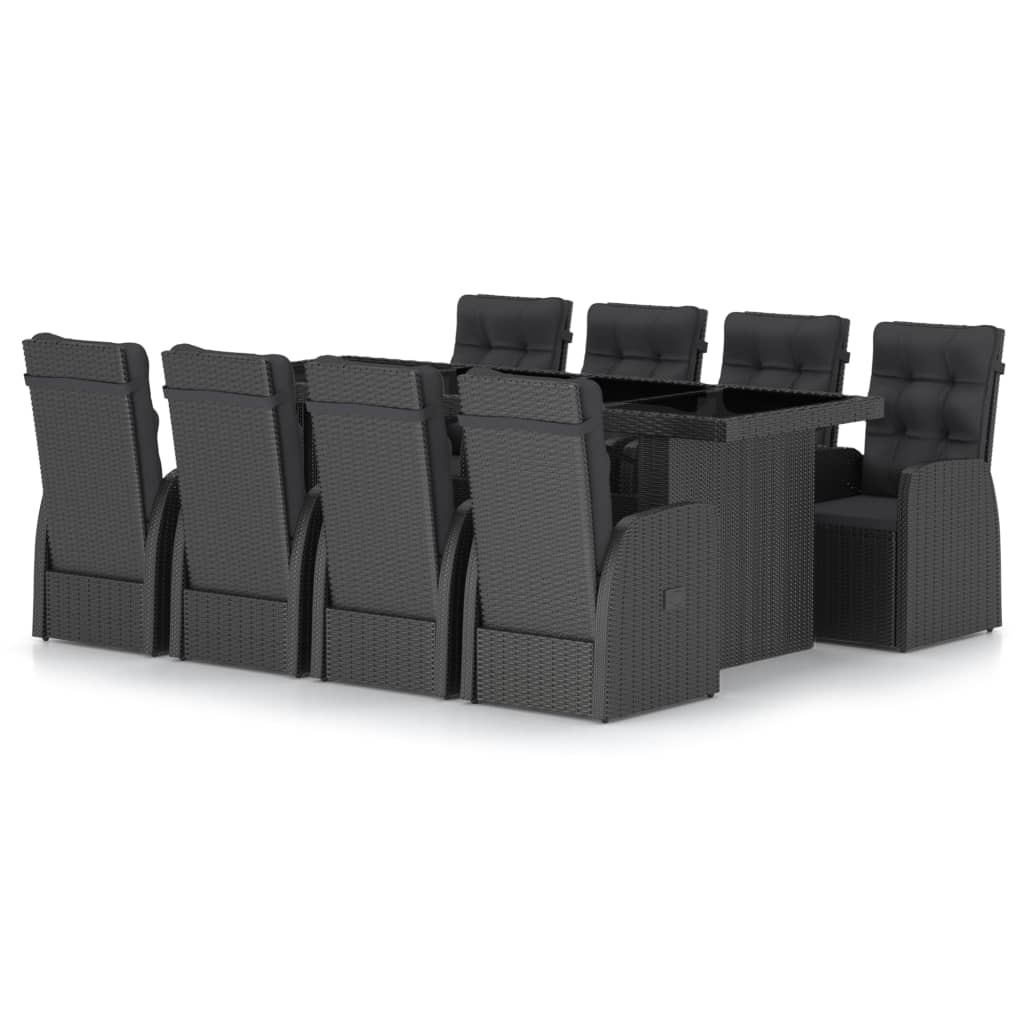 9 Piece Garden Dining Set with Cushions Black Poly Rattan