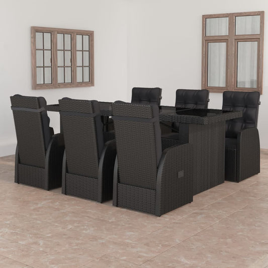 7 Piece Garden Dining Set with Cushions Black Poly Rattan