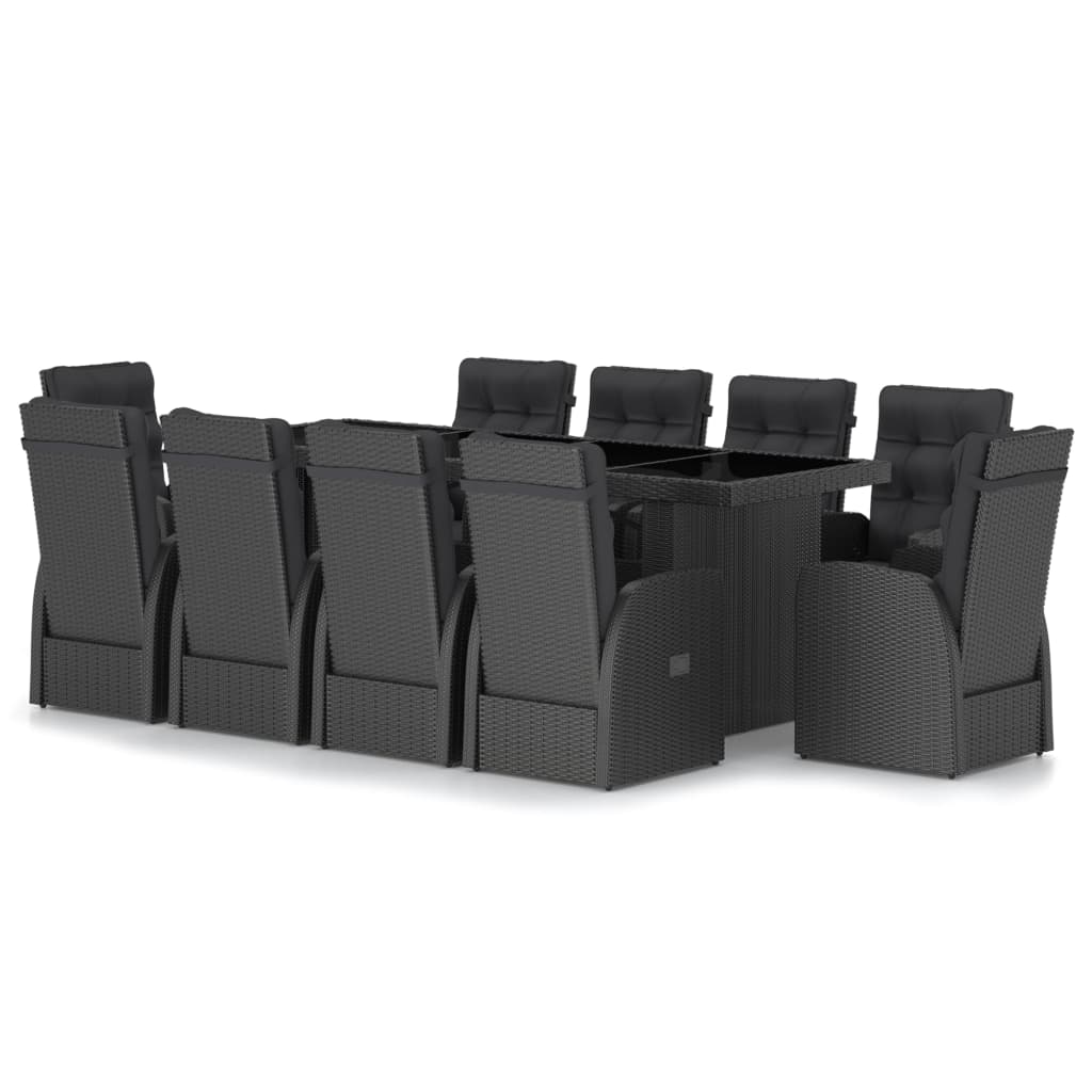 11 Piece Garden Dining Set with Cushions Black Poly Rattan