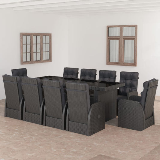 11 Piece Garden Dining Set with Cushions Black Poly Rattan