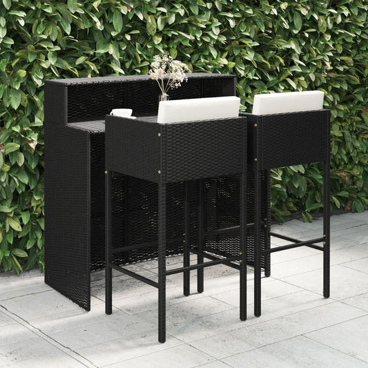 3 Piece Garden Bar Set with Cushions Poly Rattan Black