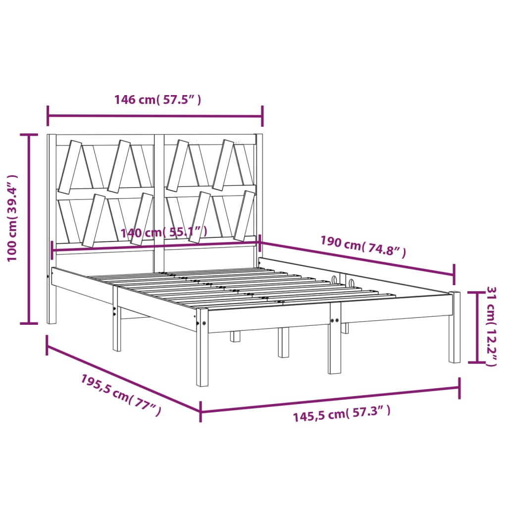 3103982 vidaXL Bed Frame without Mattress Black Solid Wood 140x190 cm (810001+818624)