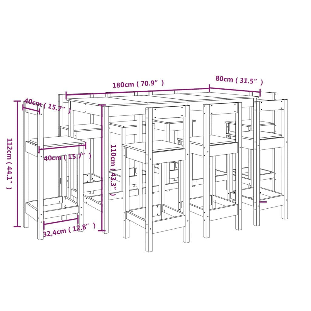 9 Piece Bar Set White Solid Wood Pine