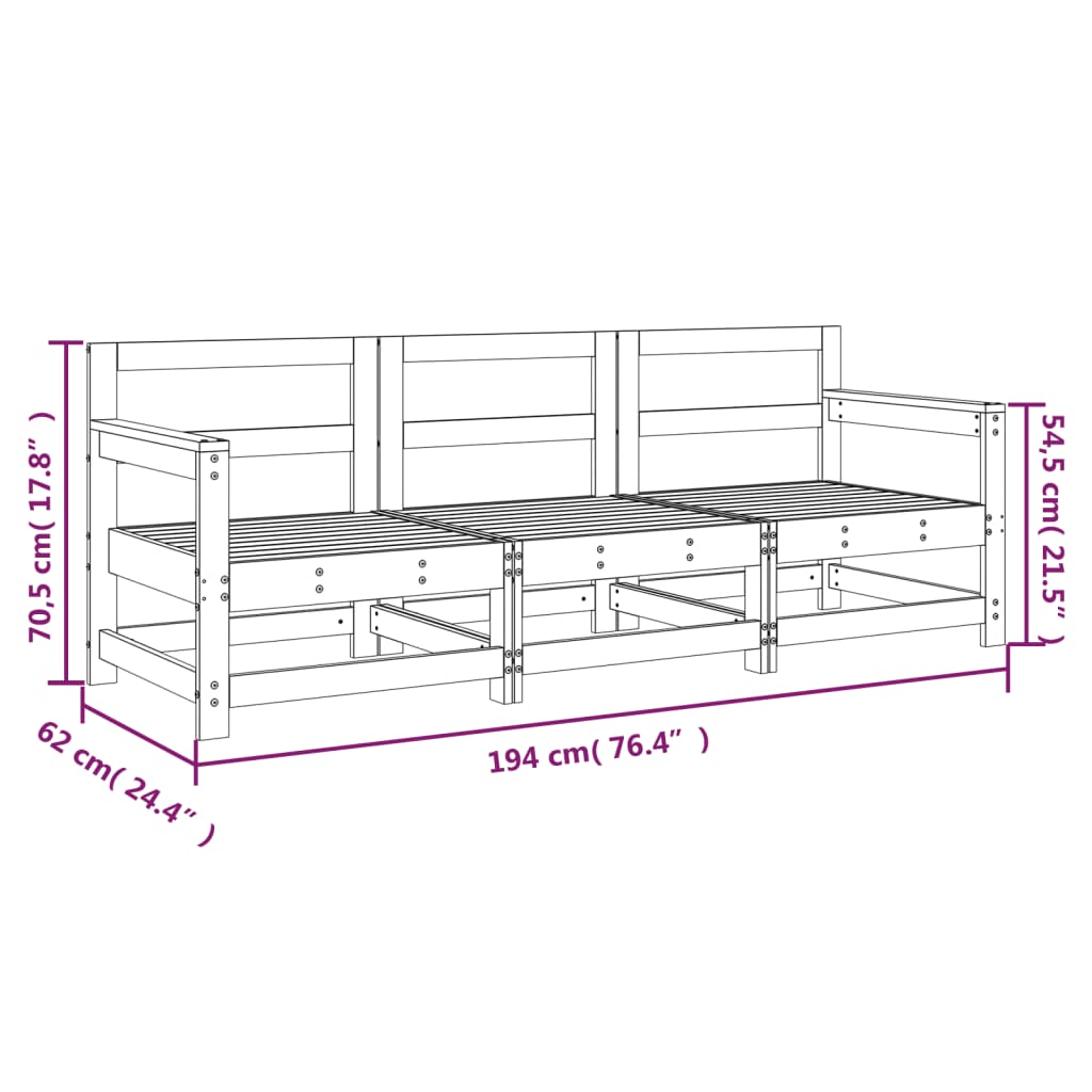 3 Piece Garden Lounge Set Black Solid Wood Pine