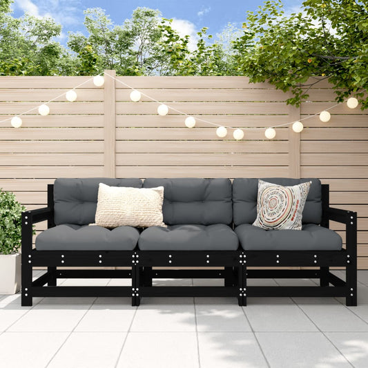 3 Piece Garden Lounge Set Black Solid Wood Pine