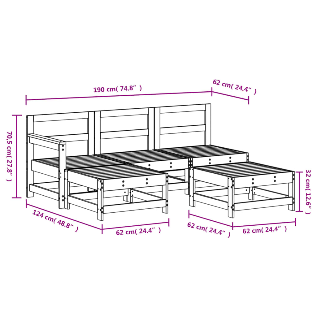 5 Piece Garden Lounge Set Solid Wood Pine