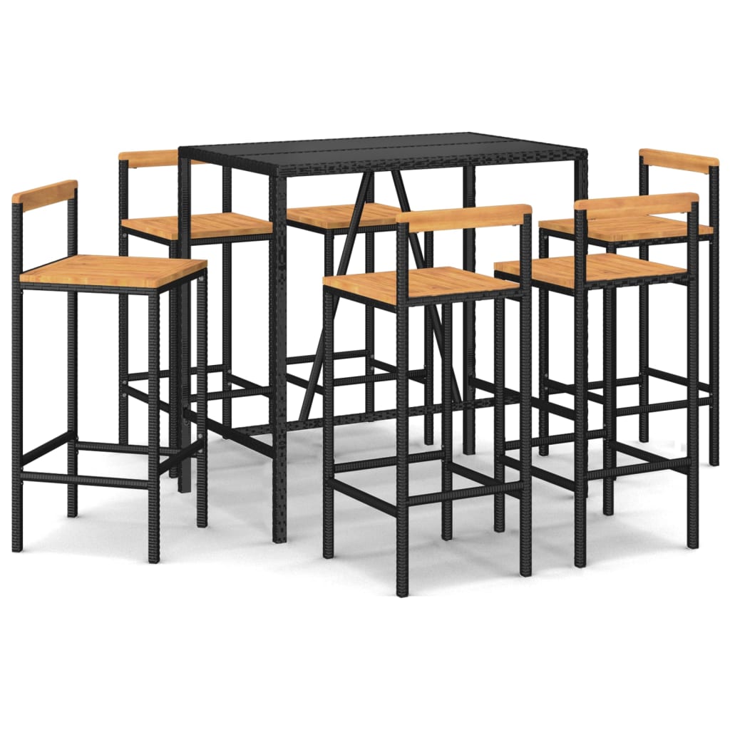 7 Piece Garden Bar Set Black Poly Rattan& Solid Wood Acacia