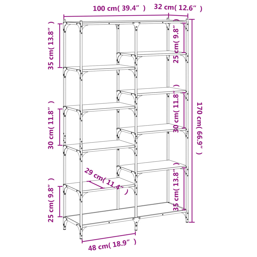 Bookshelf Sonoma Oak 100x32x170 cm Engineered Wood and Iron