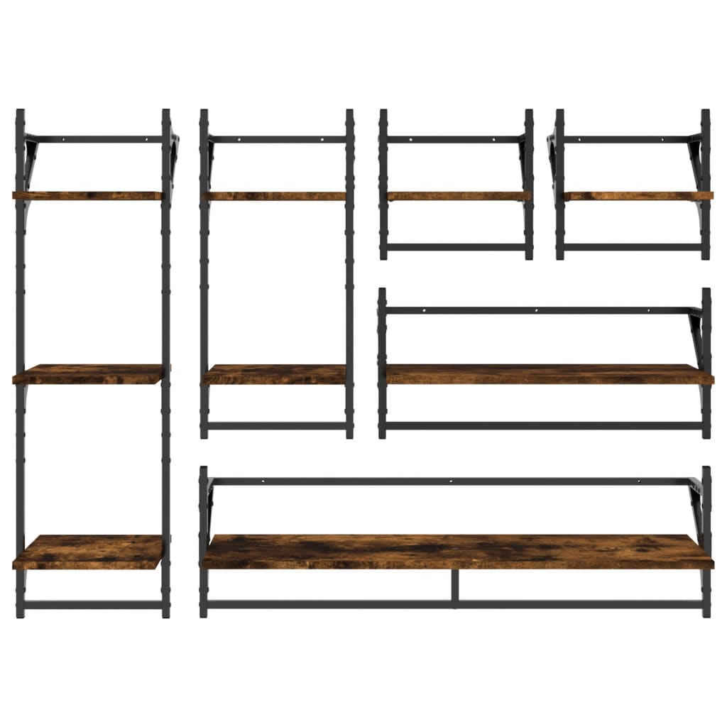 6 Piece Wall Shelf Set with Bars Smoked Oak Engineered Wood