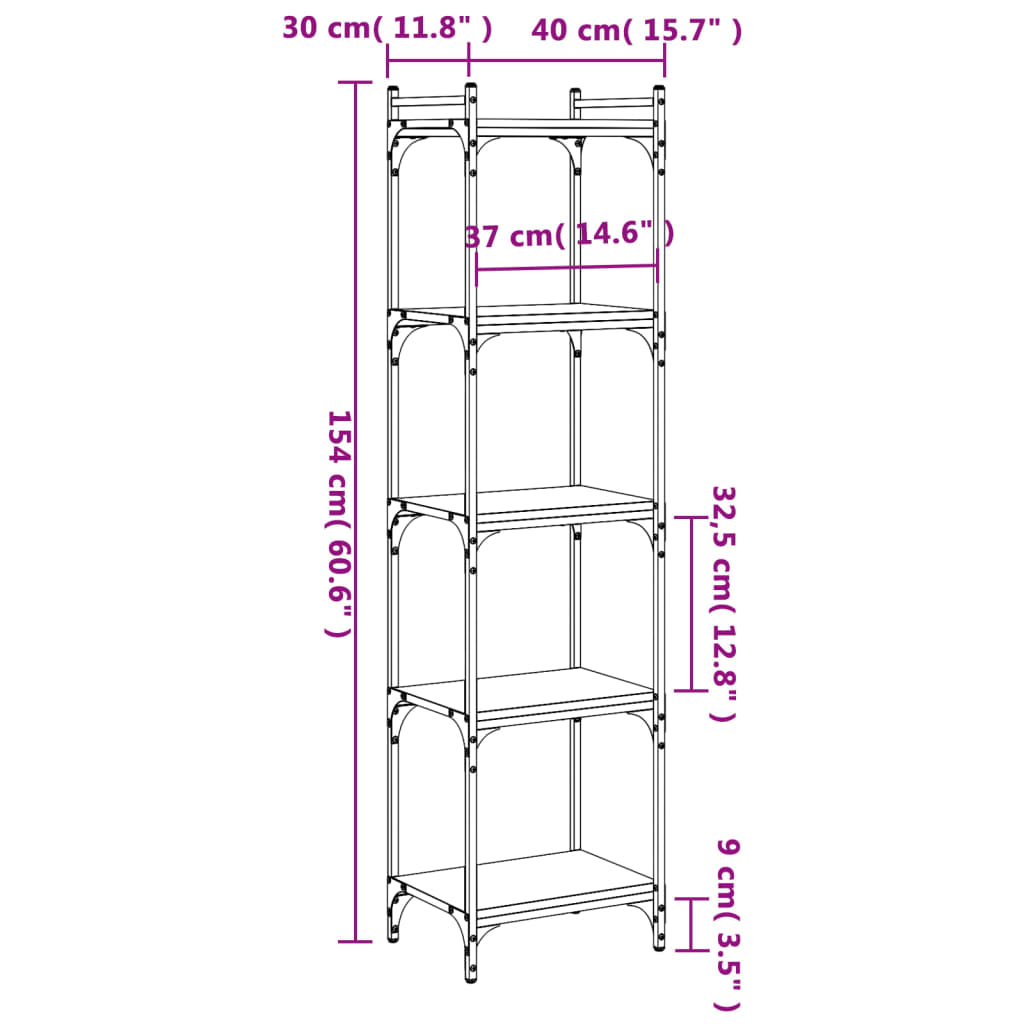 Bookcase 5-Tier Brown Oak 40x30x154 cm Engineered Wood