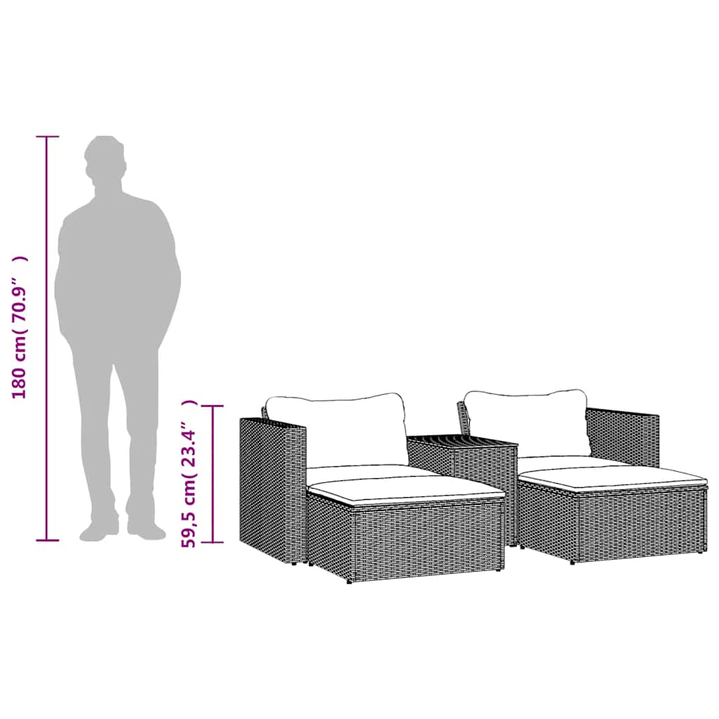 5 Piece Garden Sofa Set with Cushions Grey Poly Rattan Acacia