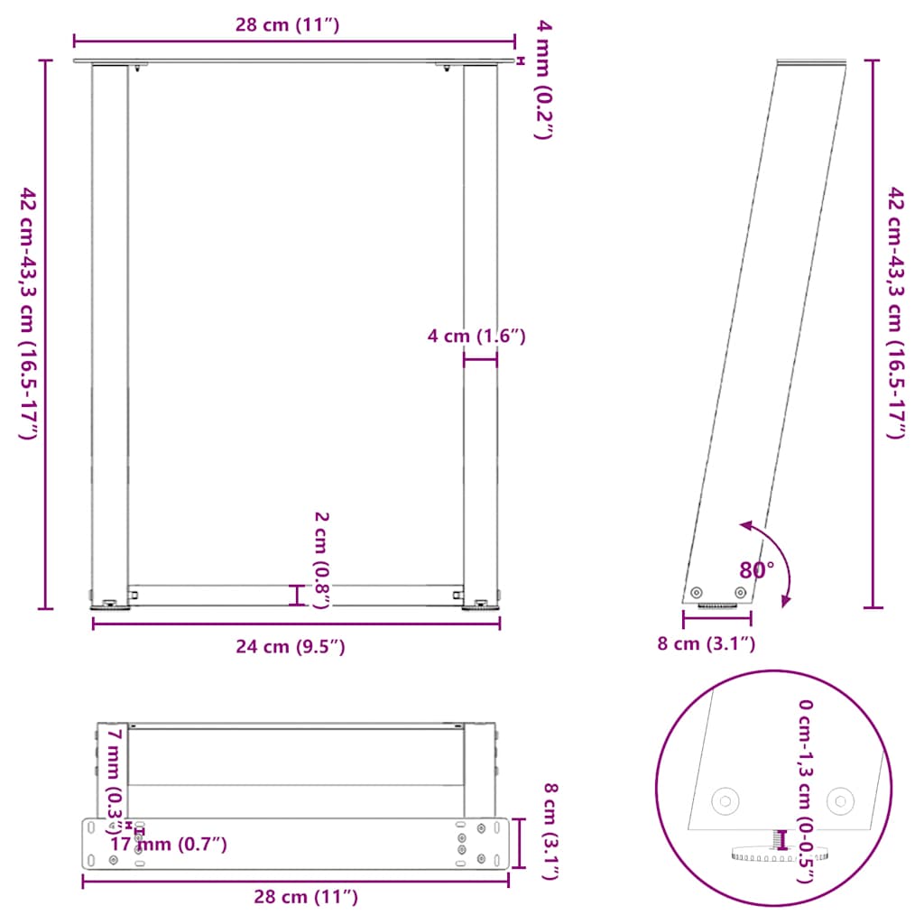 Coffee Table Legs U-Shaped 2 pcs White 28x(42-43) cm Steel