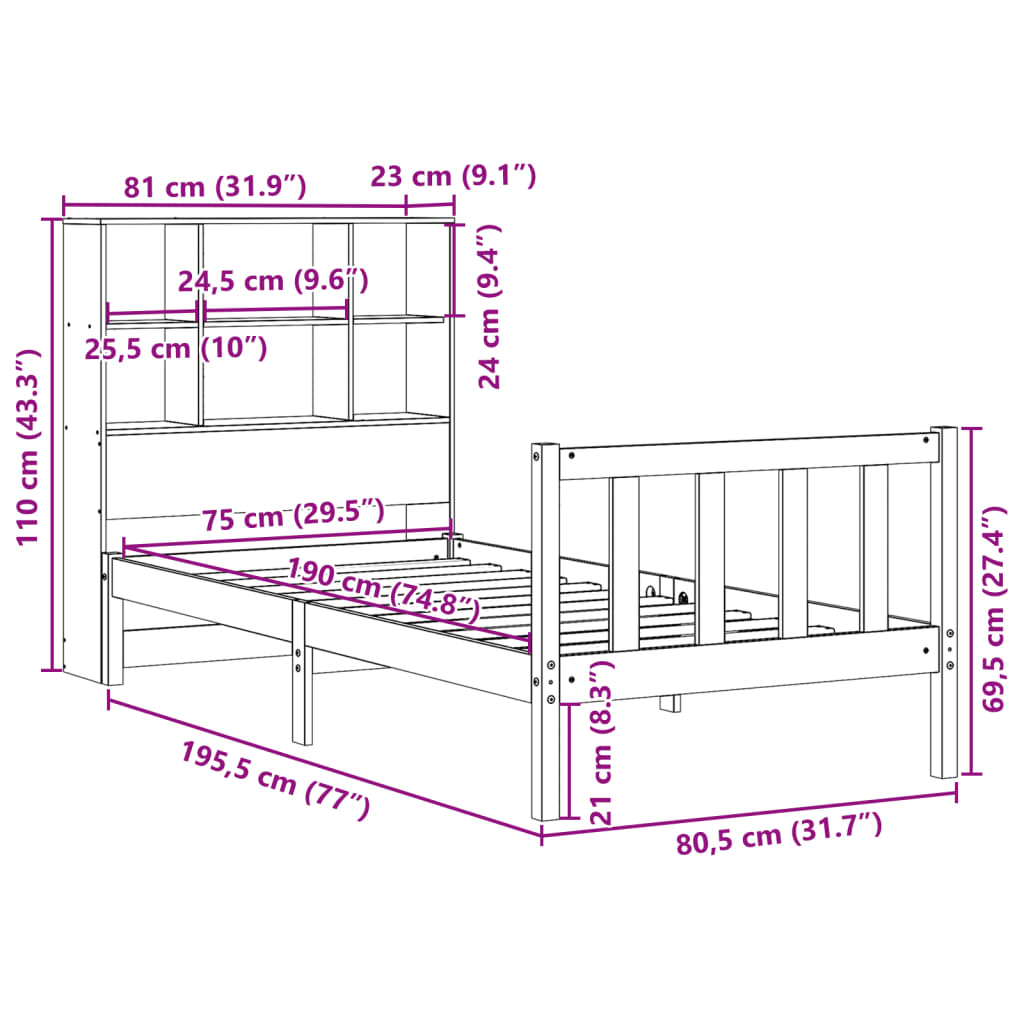 Bookcase Bed without Mattress Wax Brown 75x190 cm Small Single Solid Wood Pine