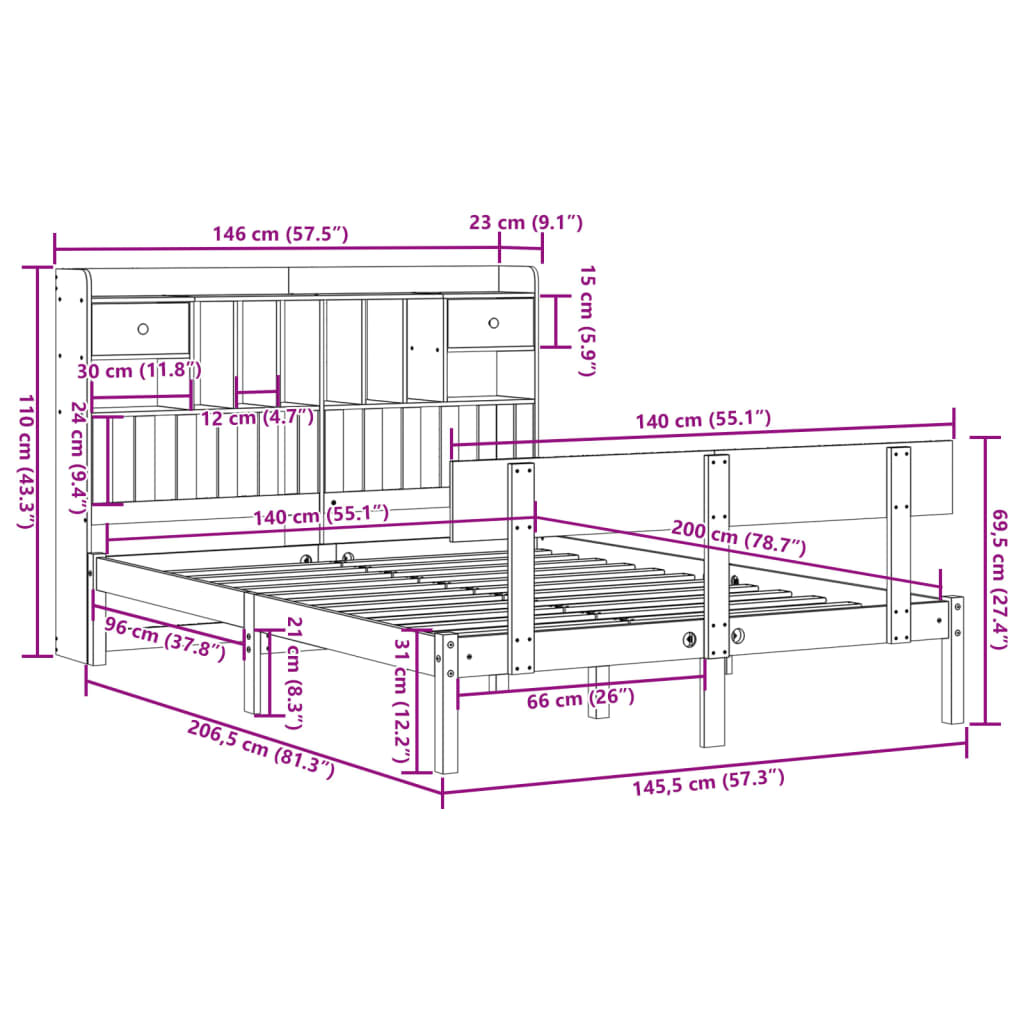 Bookcase Bed without Mattress White 140x200 cm Solid Wood Pine