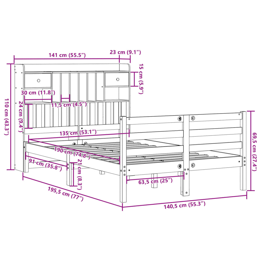 Bookcase Bed without Mattress White 135x190 cm Doouble Solid Wood Pine
