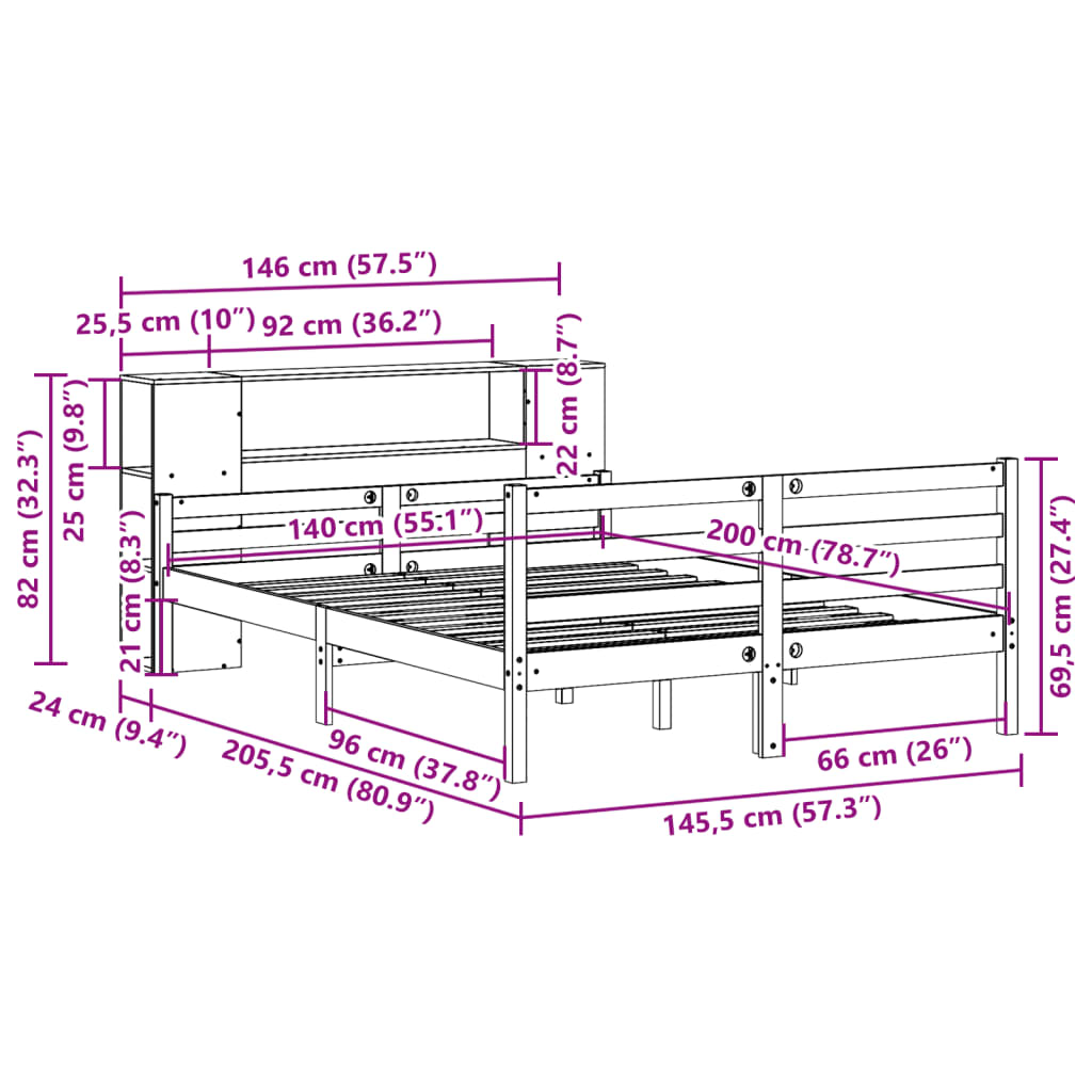 Bookcase Bed without Mattress White 140x200 cm Solid Wood Pine