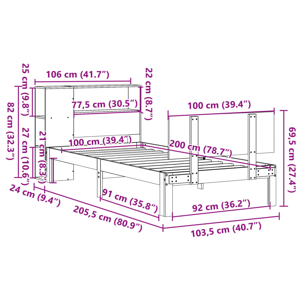 Bookcase Bed without Mattress White 100x200cm Solid Wood Pine