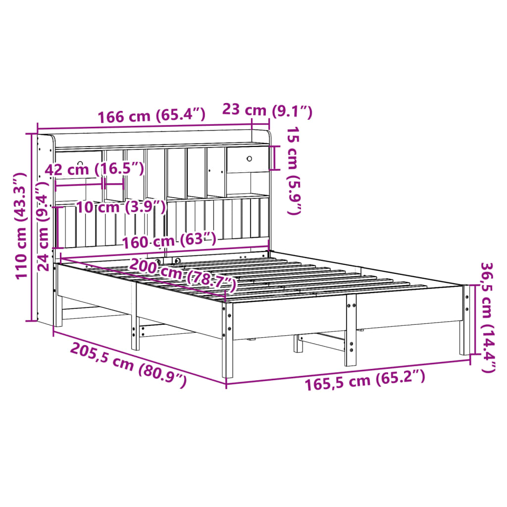 Bookcase Bed without Mattress White 160x200 cm Solid Wood Pine