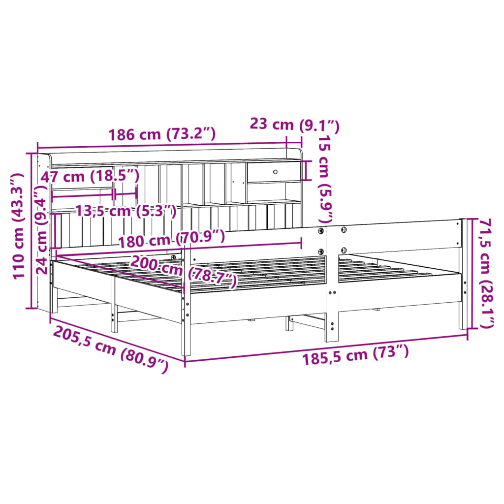 Bookcase Bed without Mattress Wax Brown 180x200cm Super King Solid Wood Pine
